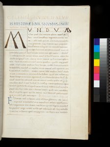 Ms 394.1. Plinius den eldre, Historia naturalis, f.26r. Penninitial [M] lagt til i det dedikerte rommet som ble etterlatt tomt av dekoratøren, Napoli, midten av 1400-tallet, ca. 1442 (pergament) av Neapolitan School
