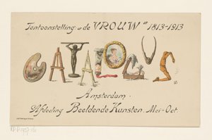 Kunngjøringskort for utstillingen De Vrouw, 1813-1913 (tittel på objekt) av Nelly Bodenheim (signed by artist)