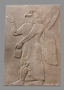 Relieffpanel av overnaturlig figur med bevinget ørnhode, ca. 883-59 f.Kr. (gipsalabast)