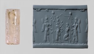 Sylinderpakning av Ishtar og moderne inntrykk, ca. 8.–7. århundre f.Kr. (kalsedon)