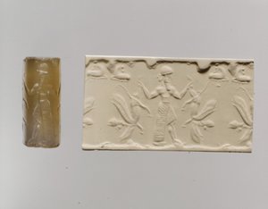Sylinderforsegling og moderne inntrykk: mannsfigur som dominerer løver med vinge med menneskehode, ca. 8.–7. århundre f.Kr. (kalsedon)