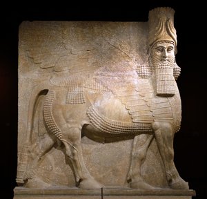 Bevinget okse fra domstol VIII ved palasset til kong Sargon II, Khorsabad, 721-705 f.Kr. (gips?)