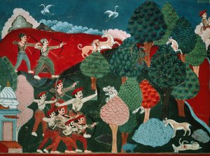 En konge som bruker dagene på å drepe fattige gaseller uten grunn, senere, i et annet liv, er han gaselle og blir drept av jeger, detalj fra Swayambhu Purana, viktig buddhistisk hellig tekst i Nepal, gouache, nepalesisk sivilisasjon av Nepalese School