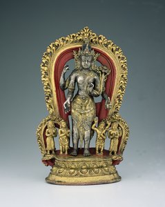 Jatamukuta Lokesvara, Khasa Malla Kingdom (1100-1484) (forgylt pakke, kobberlegering og pigment)