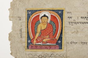 Side fra et buddhistisk manuskript, muligens fra Mahashitalanika, ca. 1400 (ugjennomsiktig akvarell og blekk på papir) av Nepalese School