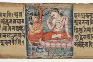 Sudhana kneler foran en bodhisattva, fra Gandavyuha (ugjennomsiktig wc og blekk på palmeblad)