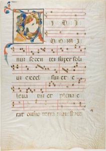Den hellige som kneler foran Gud tronet i en historisk initial "V" fra et antifonarium