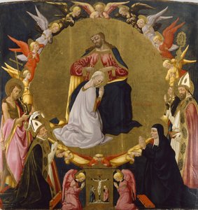 Jomfruens kroning med engler og fire hellige, ca. 1470-75 (tempera og bladgull på panel)
