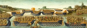 Slaget ved Actium, ca. 1475-1480 (tempera og bladgull på panel) av Neroccio di Landi