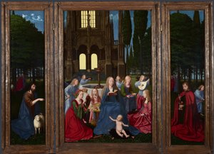 Jomfruen og barnet med hellige og engler i en hage, ca. 1500