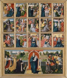De femten mysteriene og rosenkransens jomfru. av Netherlandish Painter