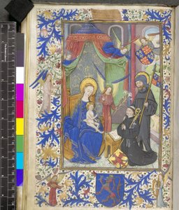 Legg til 17440 f.13v Liljejomfru med skytshelgen Willem van Bossunt, fra Ghent Missal av Netherlandish School