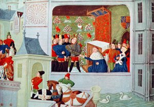Harl 4380 f.117 Intervju av Richard II og hertugen av Gloucester i Pleshy Castle, fra 'Froissart's Chronicle' av Netherlandish School