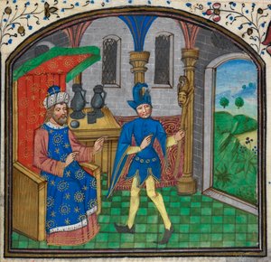 Harley 3000, f.189 En dåre med sin herre, fra en timebok av Mildmay Master, ca. 1460-70 (vellum) av Netherlandish School