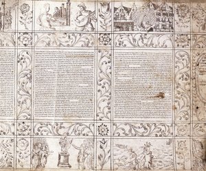 Opplyst manuskript i sefardisk skrift, som viser scener av nederlandsk liv og Bibelen med blomsterkartasjer, 1600-tallet av Netherlandish School