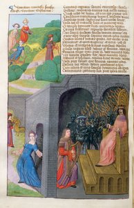 Ms 324 f.101 v. Orfeus og Eurydike, Cerberus og Pluto, fra Metamorphoses 10 av Ovid, 1479 av Netherlandish School