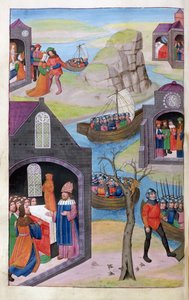 Ms 324 f.118 v. Heenbas drøm. Paris og Helen. Calchas forklarer vidunderbarnet, fra Metamorphoses 12 av Ovid, 1479 av Netherlandish School
