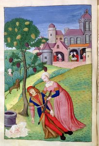 Ms 324 f.44 v. Alcithoe, Pyramus og Thisbe, Mulberry tree endrer farge, fra Metamorphoses av Ovid, 1479