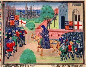 Roy 18 EI f.165v Bondeopprør som viser bannerne til England og St. George, John Ball vist som leder for opprørerne, illustrasjon fra 'Chroniques de France et d'Angleterre', av Jean Froissart, ca. 1460-80 (vellum) av Netherlandish School