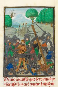 Royal 15 E.I, f.433v Nederlaget til Guy de Lusignan og tapet av det hellige kors, illustrasjon fra 