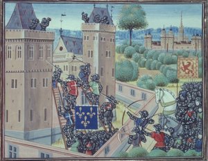 Royal 18 E.1 fol.345 The Capture of Wark Castle av franskmennene og skottene, fra bok II av 
