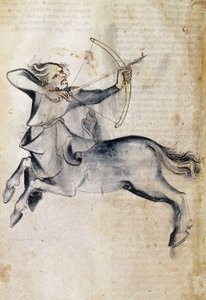 Sloane 3983 f.9v Tegning av Skytten; fra en oversettelse av en persisk astrologisk avhandling, "Liber Astrologiae" (vellum) av Netherlandish School