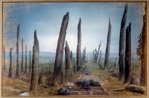 Første verdenskrig: 'The Path' Fra en skog etter et slag ligger kropper av soldater på bakken blant trestammene av Neville Stephen Lytton