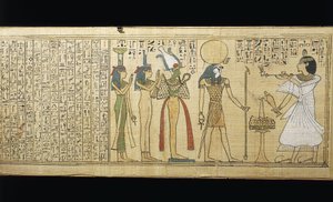 Papyrus of Khonsumes, The Book of the Dead, den avdøde gir offer til Osiris, Isis og Nephthys, tredje mellomperiode