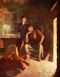 Det indiske Longthought-møtet i et tidlig nybyggerhjem (farge litho) av Newell Convers (after) Wyeth