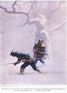 Og Lawless holdt et halvt skritt foran kameraten sin og holdt hodet fremover som en jakthund på duften - studerte veien hans, 1916 av Newell Convers Wyeth