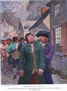 Johnnys nederlag ved kaien: Han støttet Johnny nedover banen. De andre fulgte etter og ropte uanstendigheter i lave ondartede toner, 1928 av Newell Convers Wyeth