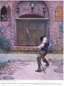 Til slutt litt før daggry, har en spydmann kommet vaklende til vollgravsiden, gjennomboret av piler, 1916 av Newell Convers Wyeth