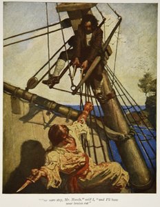 Ett skritt til, Mr. Hands, sa jeg, og jeg skal blåse ut hjernen din, en illustrasjon fra "Treasure Island" av Robert Louis Stevenson, pub. av Charles Scribners sønner, 1911 av Newell Convers Wyeth