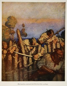 Inneboerne svermet over gjerdet som aper, en illustrasjon fra "Treasure Island" av Robert Louis Stevenson, pub. av Charles Scribners sønner, 1911 av Newell Convers Wyeth
