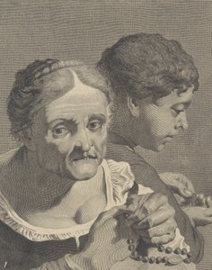 Kopi i revers av en gammel kvinne med rosenkrans og en gutt som teller mynter, tallerken 10 fr..., ca. 1750-90. av Niccolò Cavalli