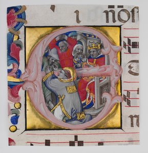 Manuskriptbelysning med Saint Stephens martyrdød i en innledende E..., ca. 1394-1402. av Niccolò di Giacomo da Bologna