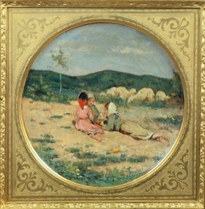 Tallerken malt med gjeterfigurer, av Niccolo Cannicci, ca. 1880, olje på terrakottaplate