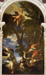 St. Peter Martyr knivstukket av leide leiemordere (kopi av maleriet av Titian tapt i brannen i rosenkranskapellet) av Niccolo Cassana