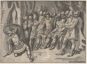 Ajax nede til venstre holder et skjold høyt, til høyre står Agamemnon omgitt av hans..., 1540-50.