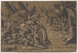 Cloelia den romerske helten i sentrum blir hjulpet opp på en hest, Roma i bakgrunnen,..., 1540-50