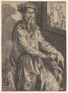 Portrett av Baccio Bandinelli, i trekvart lengde ved siden av en vindusrute, ca. 1540-48. av Niccolo della Casa