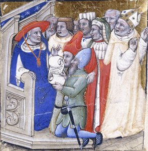 En kardinal som sitter i dom over en biskop, anklaget av to lekmenn, ca. 1380 (maling og bladgull på vellum) av Niccolo di Giacomo
