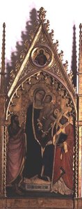 Madonna og barn med hellige (tempera på panel)