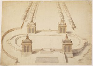 Design for en Bowling Green, Hampton Court, ca. 1689-91 (penn og brunt blekk, vask og grafitt på papir) av Nicholas Hawksmoor