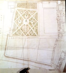 Områdeplan og undersøkelse av The Wilderness, Hampton Court, ca. 1710-14 (penn og blekk og wc på papir) av Nicholas Hawksmoor