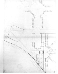Områdeplan for plan I, Hampton Court, 1689 (penn og blekk og blyant på papir) av Nicholas Hawksmoor