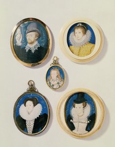 Miniatyrer, fra L til R, T til B: Mann med en hånd fra en sky; Ukjent ung mann, 1588; fru Holland 26 år gammel 1593; Arabella Stuart, hertuginne av Lennox; Ukjent dame av Nicholas Hilliard