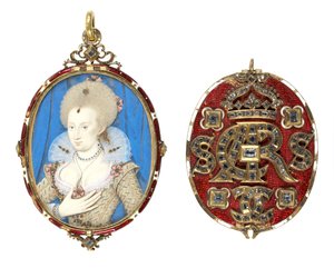Portrettminiatyr av dronning Anne av Danmark (1574-1619) med juvelbelagt omslag, ca. 1611 (wc på vellum, emaljert gullramme satt med borddiamanter) (se også 69710)