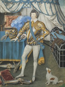 Portrett av Sir Anthony Mildmay, ridder av Apethorpe, Northants, ca. 1590-93 (wc på vellum montert på kort, montert på tre)