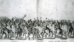 Plate 12 og 13 av pave Clemens VII og keiser Karl Vs inntog i Bologna 24. februar 1530, publisert ca. 1530 av Nicholas Hogenberg